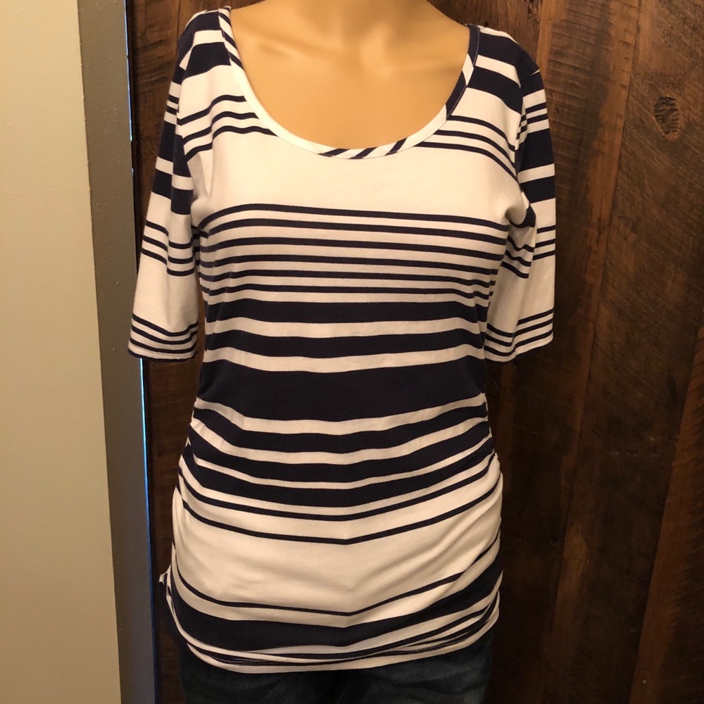 New York & Company Navy Blue & White Striped Top